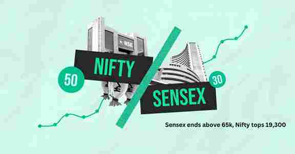 Sensex ends above 65k, Nifty tops 19,300
