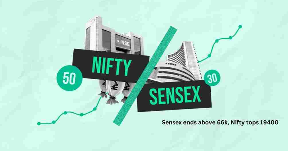Sensex ends above 66k, Nifty tops 19,400